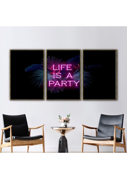 3 Parçalı Gold Çerçeveli Kanvas Tablo, Parti Neon Tuval Baskı, Neon Kanvas Sanatı,