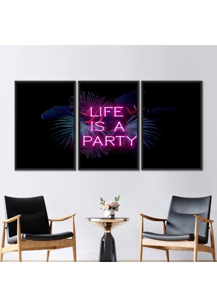 3 Parçalı Siyah Çerçeveli Kanvas Tablo, Parti Neon Tuval Baskı, Parti Duvar Süsü,