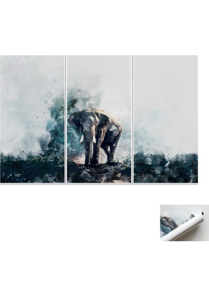 3 Parçalı Poster Kanvas Tablo Suluboya Fil Resmi Yalnız Fil Posteri Soyut Fil Sanat Eseri