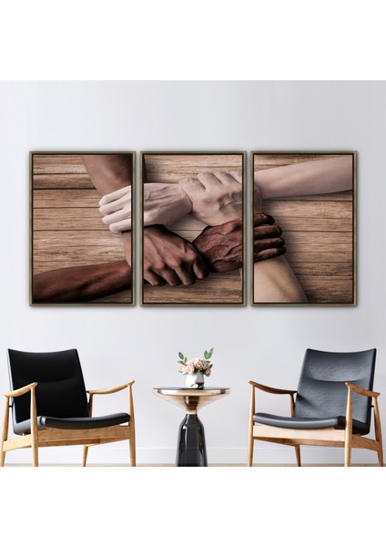 3 Parçalı Gold Çerçeveli Kanvas Tablo, Takım Çalışması Yardımlar, Ofis Baskılı,