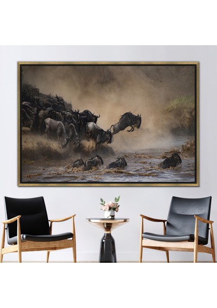 1 Parça Gold Çerçeveli Kanvas Tablo, Bison Kanvas, Büyük Göç Duvar Süsü, Safari Posteri,