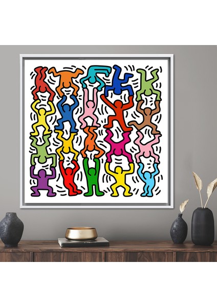 1 Parça Beyaz Çerçeveli Kanvas Tablo, Keith Haring Artwork, Neşeli Insanlar Baskılı,