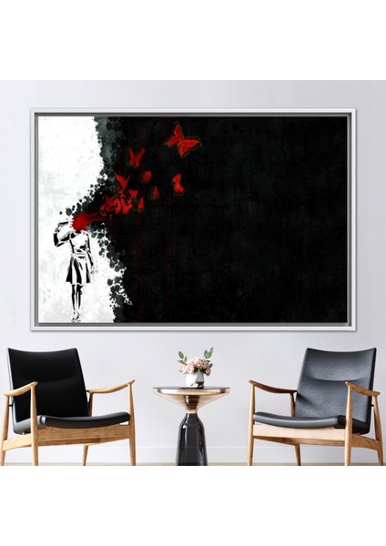 1 Parça Beyaz Çerçeveli Kanvas Tablo, Kelebek Kız Intihar, Kız Kafa Atışı Sanat,