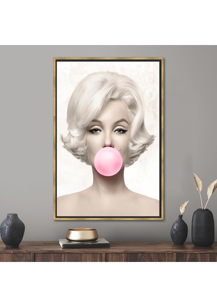 1 Parça Gold Çerçeveli Kanvas Tablo, Marilyn Monroe Pembe Kabarcık Sakız,