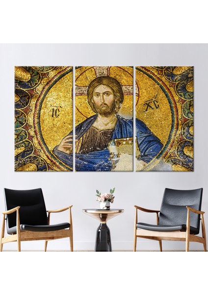 3 Parçalı Kanvas Tablo, Isa Mesih Mozaik, Isa Mozaik Sanat Eseri, Fresk Kanvas Sanatı,