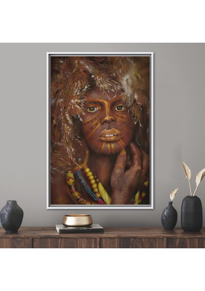1 Parça Beyaz Çerçeveli Kanvas Tablo, Afrikalı Kadın, Siyah Kadın Kanvas, Afrika Hediye Kanvas,