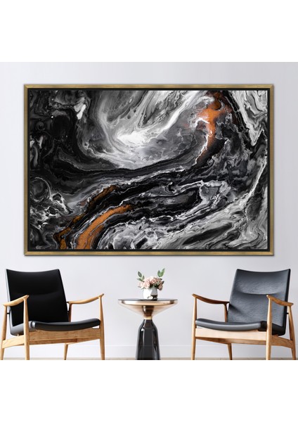 1 Parça Gold Çerçeveli Kanvas Tablo, Siyah ve Bakır Mermer, Modern Sanat Eseri,