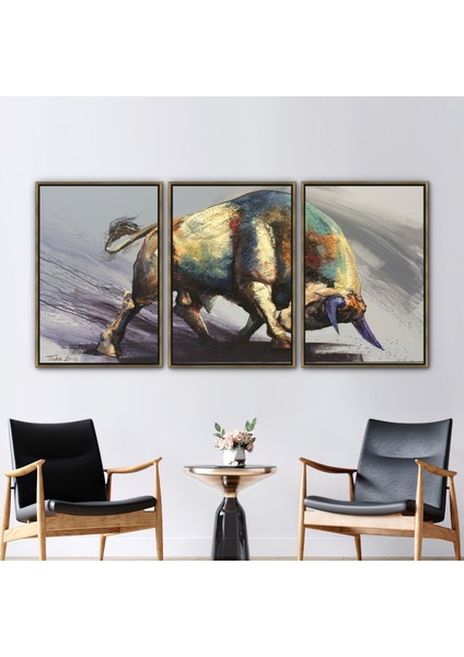 3 Parçalı Gold Çerçeveli Kanvas Tablo, Boğa Boya Baskısı, Soyut Boğa Posteri,