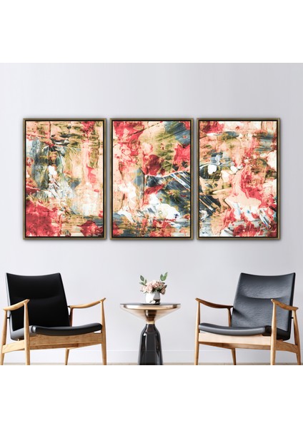 3 Parçalı Gold Çerçeveli Kanvas Tablo, Soyut Renkli Duvar Dekoru, Yağlı Boya Baskısı,