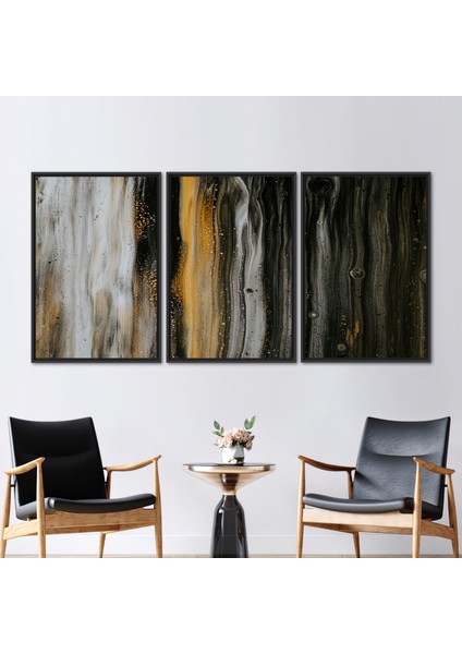 3 Parçalı Siyah Çerçeveli Kanvas Tablo, Soyut Modern 3 Boyutlu Kanvas, Yağlı Boya Baskısı,