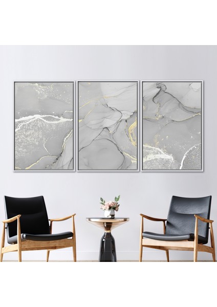 3 Parçalı Beyaz Çerçeveli Kanvas Tablo, Soyut Duvar Süsü, Gri ve Altın Posteri, Çağdaş Duvar Dekoru,