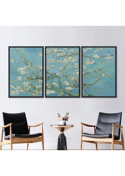 3 Parçalı Siyah Çerçeveli Kanvas Tablo, Blossoming Badem Ağacı Kanvas Baskı, Ağaç Kanvas Poster,