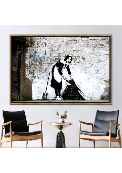 1 Parça Gold Çerçeveli Kanvas Tablo, Banksy Kadın Kanvas Dekor, Hizmetçi Grafiti Kanvas Dekor,