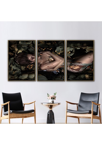 3 Parçalı Gold Çerçeveli Kanvas Tablo, Kadın Kanvas Dekor, Yatak Odası Kanvas,