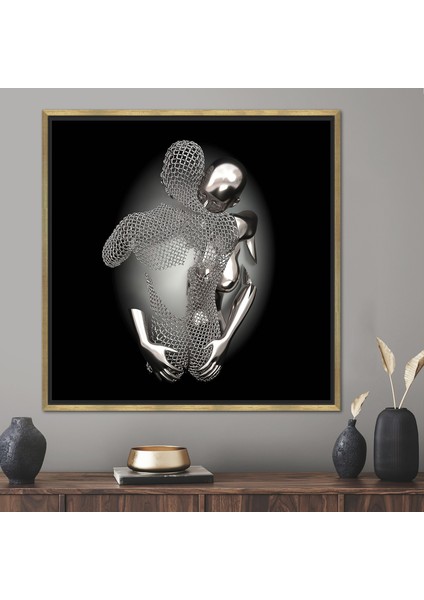 1 Parça Gold Çerçeveli Kanvas Tablo, 3D Efekt, Çift, Aşk Duvar Süsü, Soyut Kanvas,