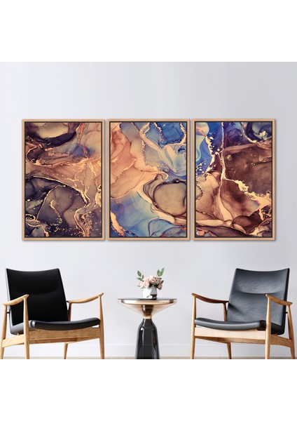 3 Parçalı Naturel Çerçeveli Kanvas Tablo Kahverengi ve Mavi Mermer Mermer Kanvas Poster