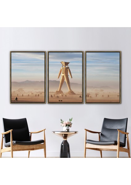 3 Parçalı Gold Çerçeveli Kanvas Tablo, Burning Man Heykel, Modern Baskılı,