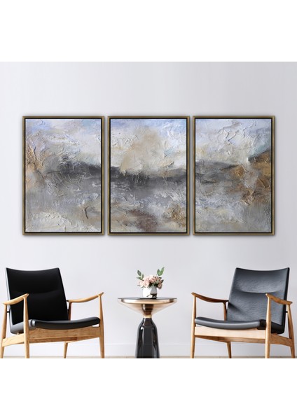 3 Parçalı Gold Çerçeveli Kanvas Tablo, Gri Alçı Boyama, Rustik Duvar Süsü,