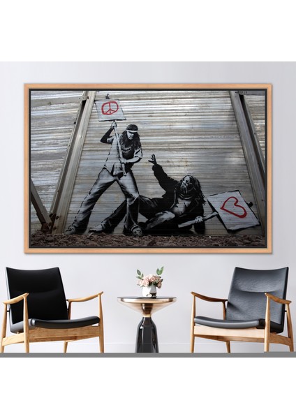 1 Parça Naturel Çerçeveli Kanvas Tablo, Barış ve Aşk, Banksy Hediye Kanvas, Sokak Kanvas Sanatı,