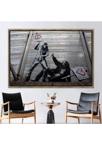 1 Parça Gold Çerçeveli Kanvas Tablo, Barış ve Aşk, Graffiti Kanvas Dekor, Banksy Posteri,