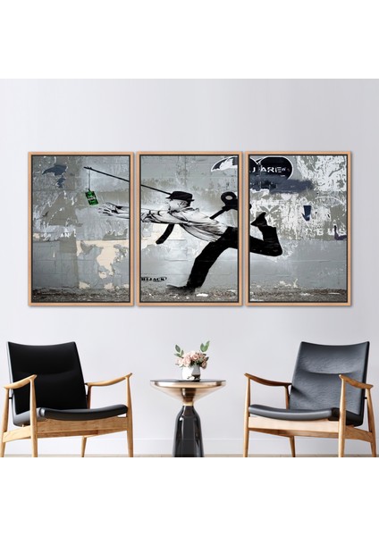3 Parçalı Naturel Çerçeveli Kanvas Tablo, Kaçma Resim, Para Grafiti Sanat Eseri, Kaçırma Duvar Süsü,