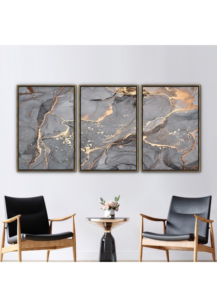 3 Parçalı Gold Çerçeveli Kanvas Tablo, Gri ve Altın Mermer, Altın Kanvas Poster, Soyut Posteri,