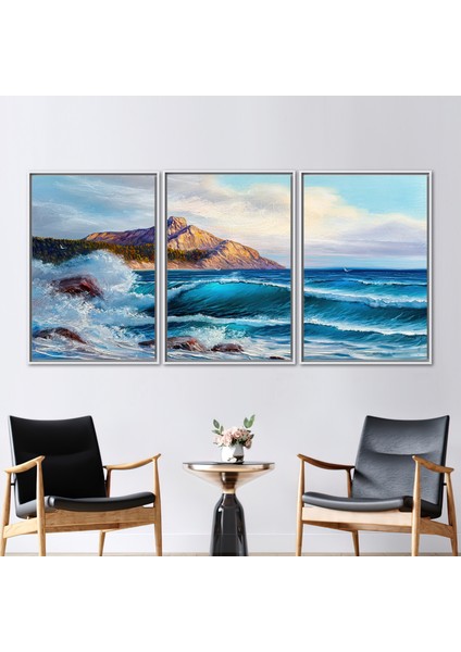 3 Parçalı Beyaz Çerçeveli Kanvas Tablo, Deniz Manzara Resmi, Doğa Manzarası Sanat Eseri,