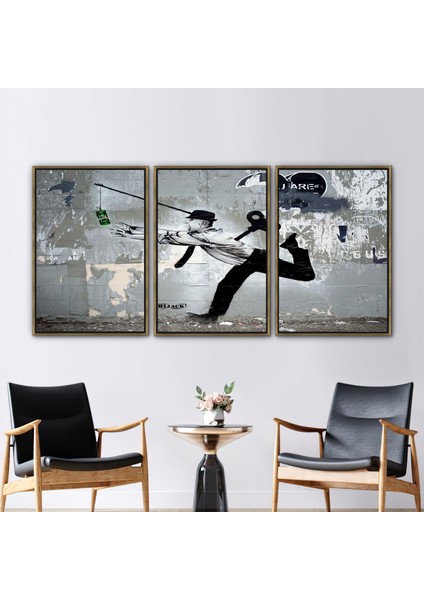 3 Parçalı Gold Çerçeveli Kanvas Tablo, Kaçma Resim, Para Aşığı Adamı Hediye Kanvas,