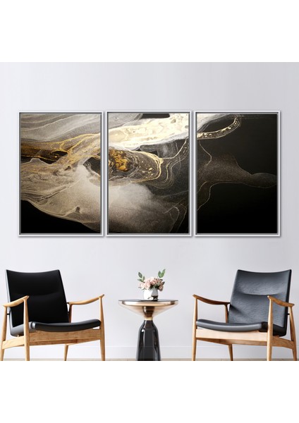 3 Parçalı Beyaz Çerçeveli Kanvas Tablo, Siyah ve Altın Duvar Sanatı, Mermer Sanat,
