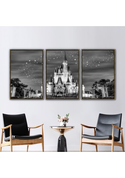 3 Parçalı Gold Çerçeveli Kanvas Tablo, Külkedisi Kalesi, Yıldızlı Gökyüzü Kanvas Poster,