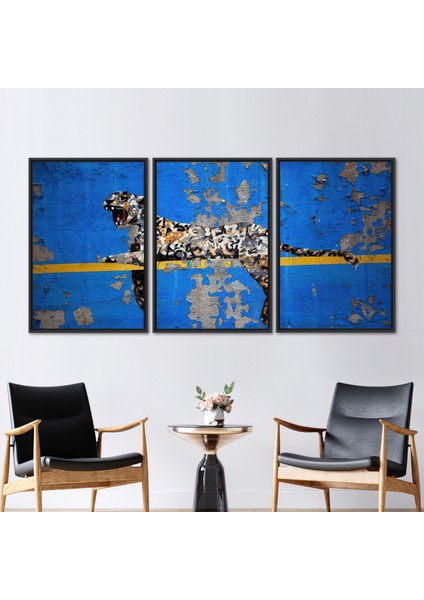 3 Parçalı Siyah Çerçeveli Kanvas Tablo, Banksy Leopar Duvar Sanatı,