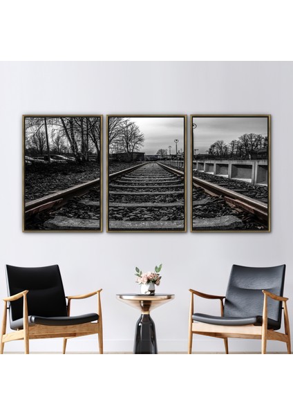 3 Parçalı Gold Çerçeveli Kanvas Tablo, Demiryolu Kanvas, Tren Yol Manzarası Kanvas Baskı,