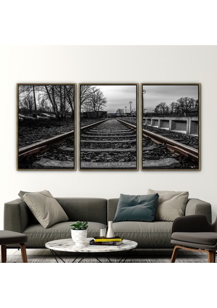 3 Parçalı Gold Çerçeveli Kanvas Tablo, Demiryolu Kanvas, Tren Yol Manzarası Kanvas Baskı,