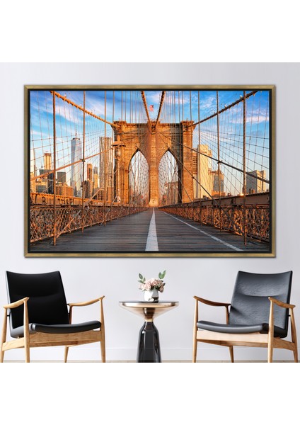 1 Parça Gold Çerçeveli Kanvas Tablo, Brooklyn Köprüsü, Manzara Kanvas, Manhattan Kanvas,