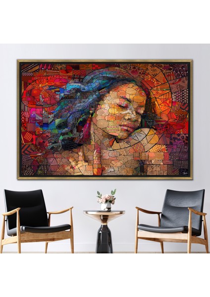 1 Parça Gold Çerçeveli Kanvas Tablo, Soyut Afrikalı Kadın, Afrikalı Kadın Sanat, Renkli Hediye Kanva