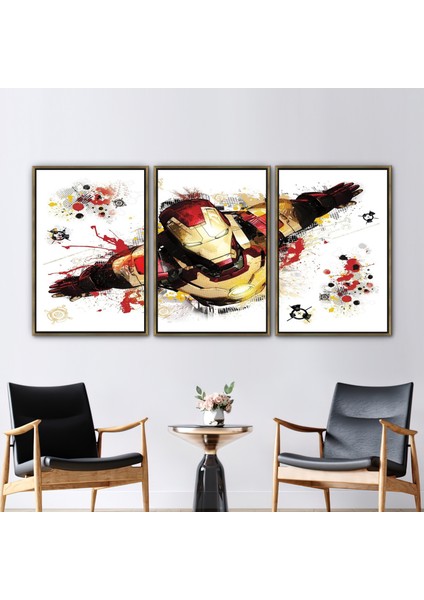 3 Parçalı Gold Çerçeveli Kanvas Tablo, Iron Man Resim, Demir Adam Kanvas Dekor,