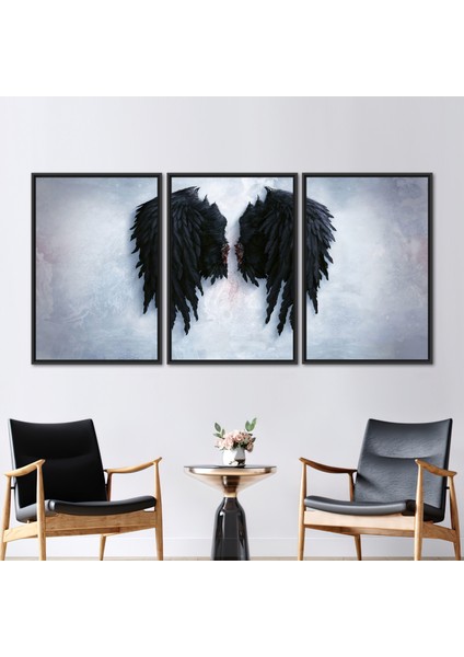 3 Parçalı Siyah Çerçeveli Kanvas Tablo, Siyah Kanatlar, Kanat Duvar Süsü, Modern 3 Boyutlu Kanvas,