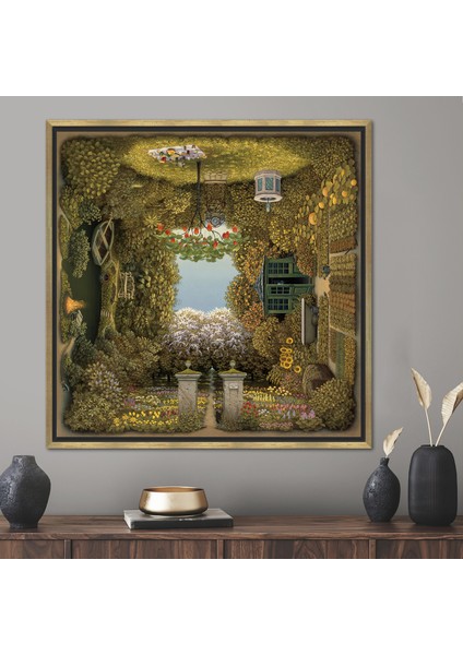 1 Parça Gold Çerçeveli Kanvas Tablo, Jacek Yerka, Yeşil Posteri, Bahçe Manzarası Kanvas Poster,