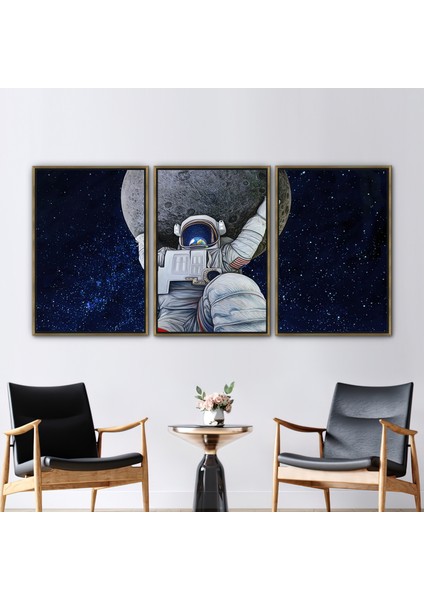 3 Parçalı Gold Çerçeveli Kanvas Tablo, Ay ve Astronot, Yıldızlı Gökyüzü Posteri, Ay Hediye Kanvas,