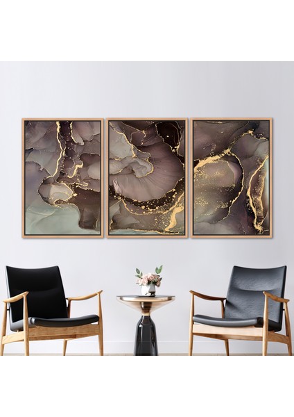 3 Parçalı Naturel Çerçeveli Kanvas Tablo, Modern Mermer Duvar Sanatı, Soyut Baskılı,