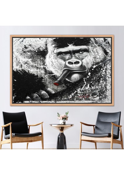 1 Parça Naturel Çerçeveli Kanvas Tablo, Goril Sigara, Hayvan Kanvas, Maymun Kanvas,