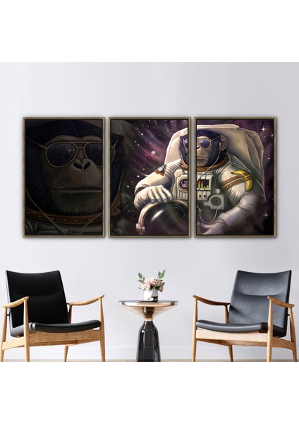 3 Parçalı Gold Çerçeveli Kanvas Tablo, Soyut Astronot Duvar Süsü, Maymun Baskılı,
