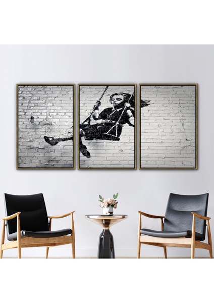 3 Parçalı Gold Çerçeveli Kanvas Tablo, Banksy Girl Swing, Soyut 3 Boyutlu Kanvas,