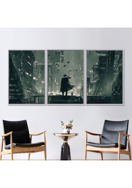 3 Parçalı Beyaz Çerçeveli Kanvas Tablo, Dedektif Kafasına Tutarak, Adam Kanvas Poster,