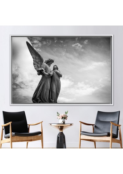 1 Parça Beyaz Çerçeveli Kanvas Tablo, Angels Wings Heykel Duvar Süsü, Melek Heykeli Duvar Süsü,