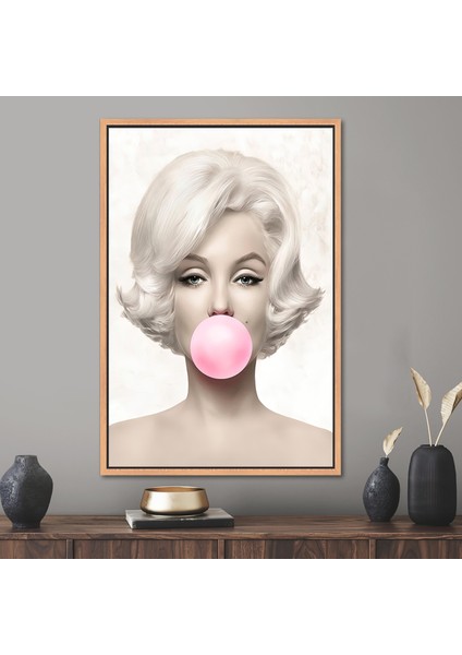 1 Parça Naturel Çerçeveli Kanvas Tablo, Marilyn Monroe Pembe Kabarcık Sakız,