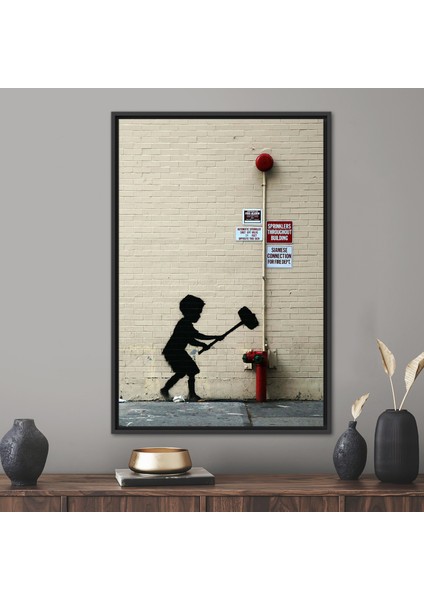 1 Parça Siyah Çerçeveli Kanvas Tablo, Hammer Ile Banksy Boy, Banksy Boy 3 Boyutlu Kanvas,