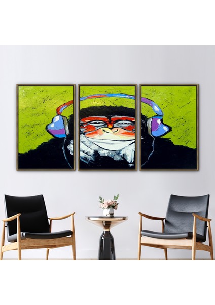 3 Parçalı Gold Çerçeveli Kanvas Tablo, Thinkin Monkey Resim, Müzik Kanvas, Maymun Kanvas Dekor,