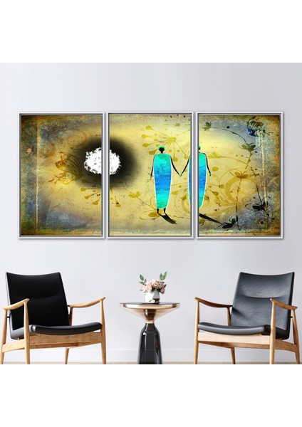3 Parçalı Beyaz Çerçeveli Kanvas Tablo, Afrikalı Çift ve Dolunay, Afrika Manzarası Sanat,
