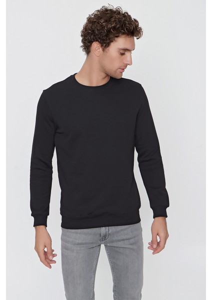 Erkek Siyah Basic Bisiklet Yaka Dynamic Fit Rahat Kesim Sweatshirt